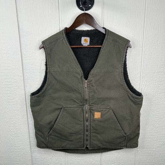 Vintage Y2K Sherpa Lined Carhartt Vest Duck Rugged Green V26 ARG Size Large - Picture 1 of 7